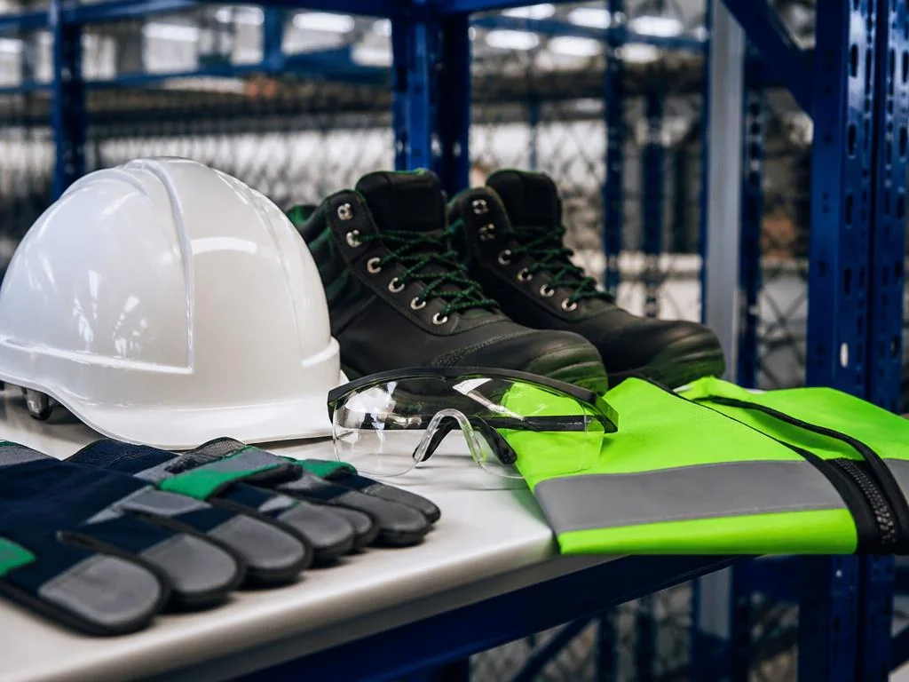Equipos de seguridad industrial: casco blanco, botas, gafas, guantes y chaleco reflectivo en bodega