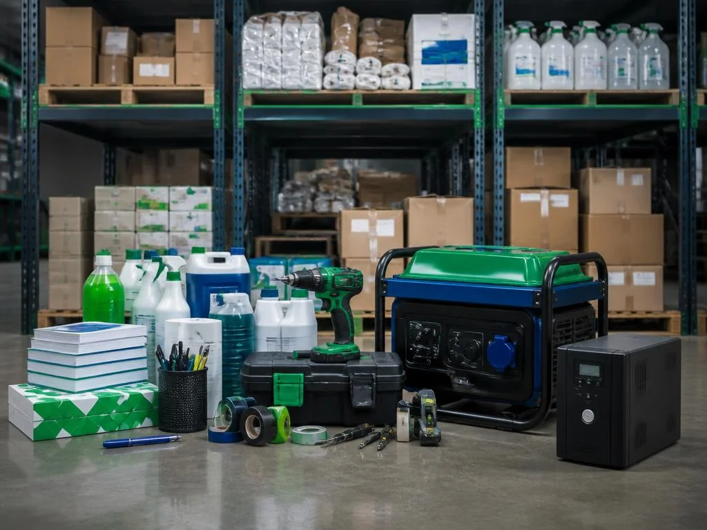 Suministros industriales en bodega: papelería, herramientas, planta eléctrica y UPS