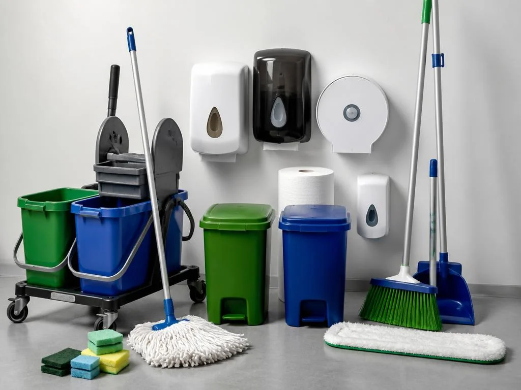 Productos de aseo y limpieza institucional: traperos, escobas, dispensadores y contenedores
