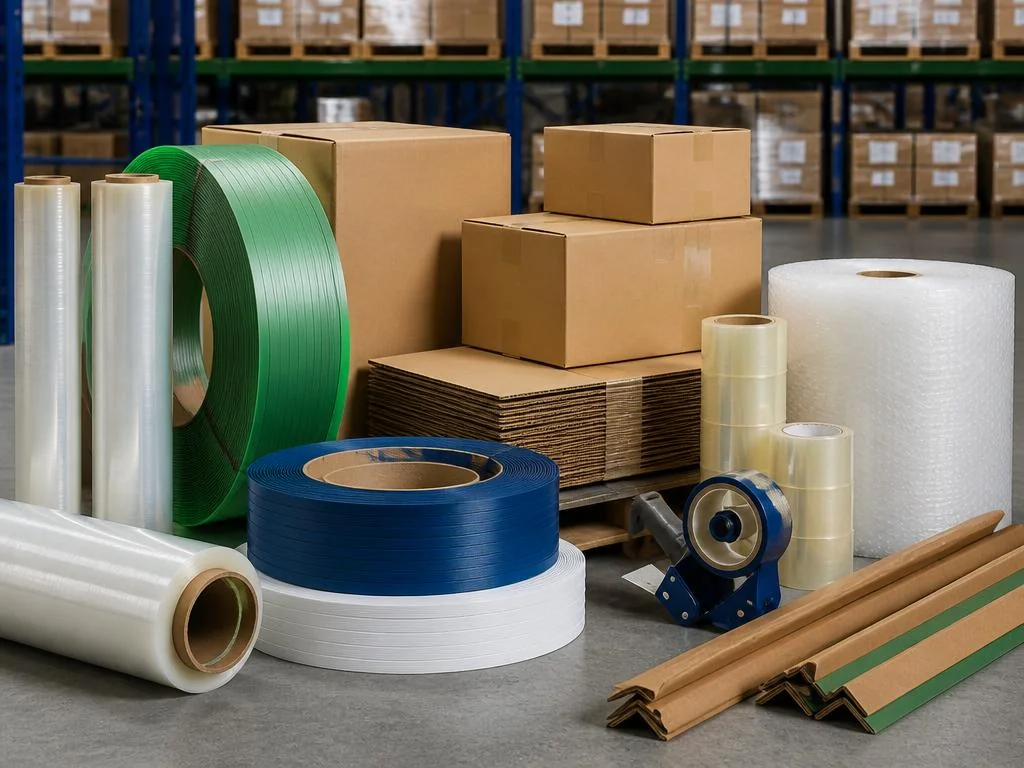 Materiales de empaque y logística: stretch film, cajas, cintas, zunchos y plástico burbuja