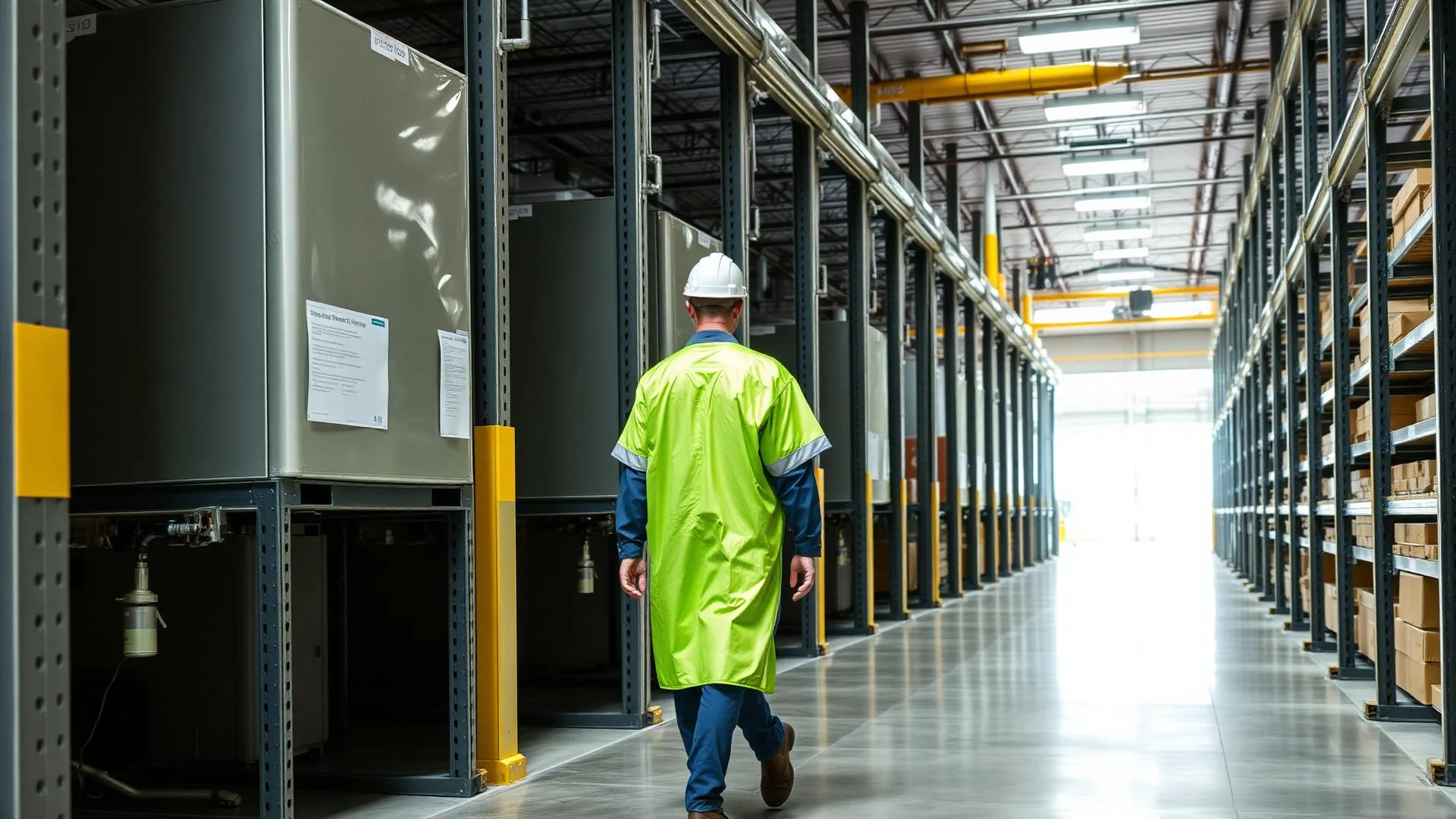 Bodega industrial moderna con equipos de seguridad y un trabajador con chaleco verde y casco blanco