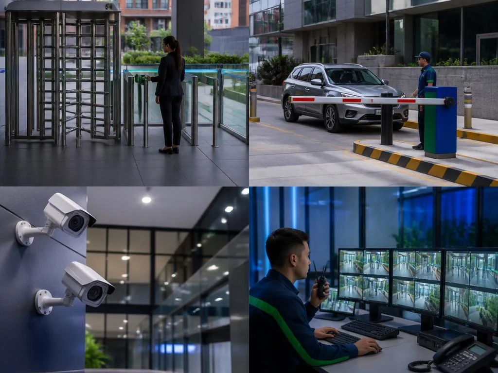 Seguridad electrónica: torniquete peatonal, barrera vehicular, cámaras CCTV y centro de monitoreo